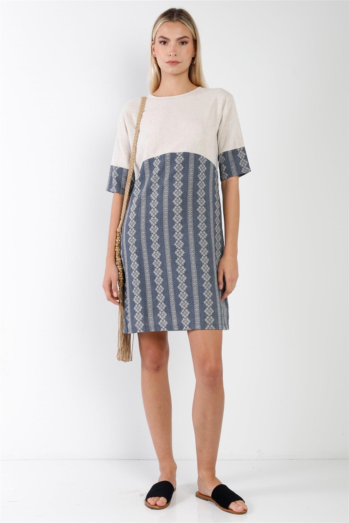 Navy Contrast Design Round Neck Shift Boho Dress /2-2-2