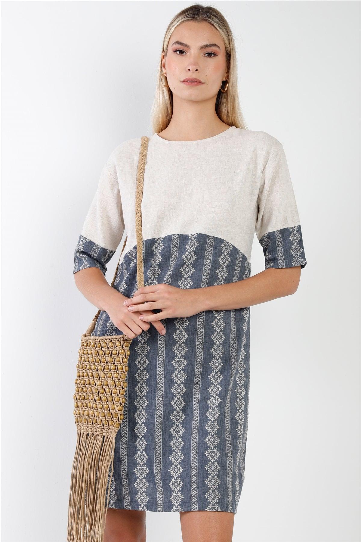 Navy Contrast Design Round Neck Shift Boho Dress /2-2-2