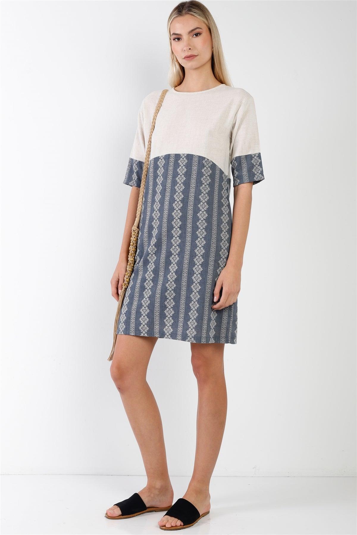 Navy Contrast Design Round Neck Shift Boho Dress /2-2-2