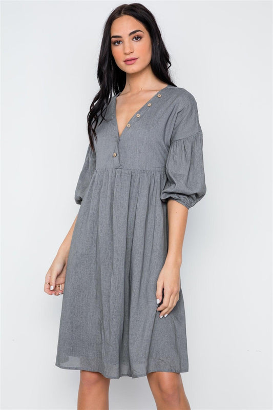 Grey Button Detail V-Neck Solid Boho Dress / 2-2-2