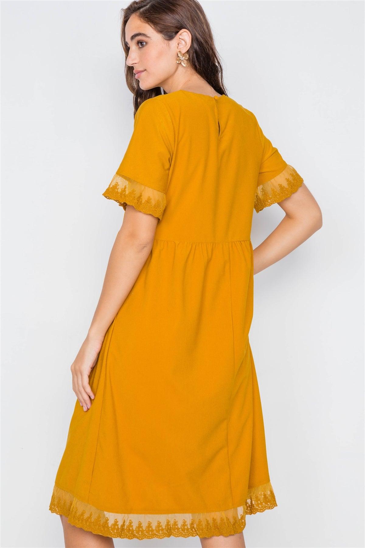 Mustard Relaxed Fit Sheer Lace Trim Midi Dress /2-2-1