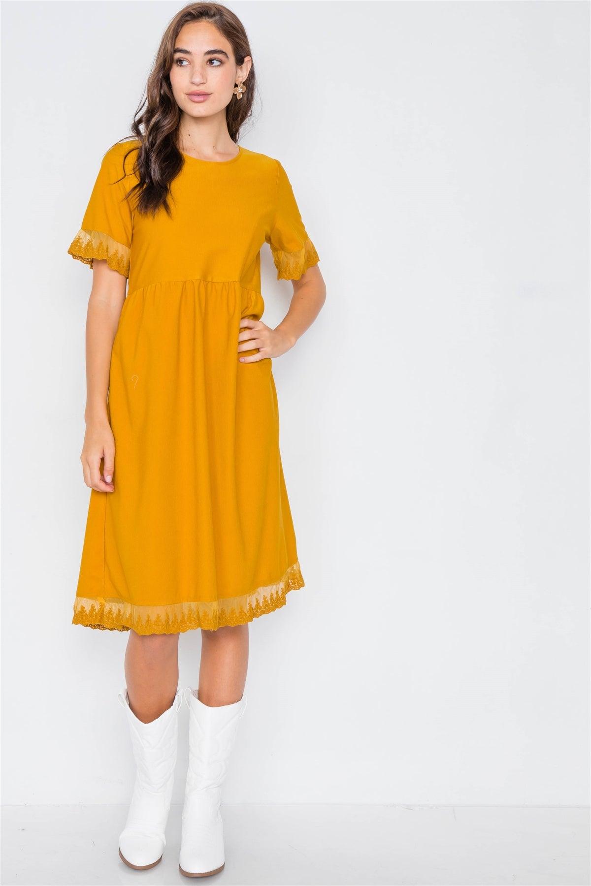 Mustard Relaxed Fit Sheer Lace Trim Midi Dress /2-2-1