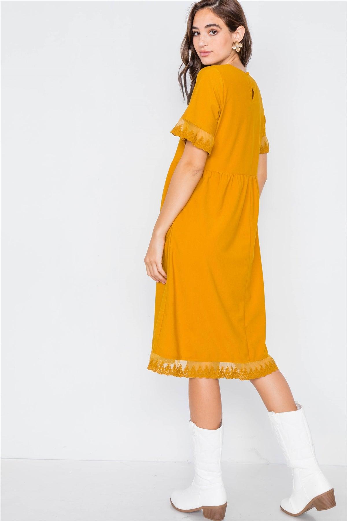 Mustard Relaxed Fit Sheer Lace Trim Midi Dress /2-2-1