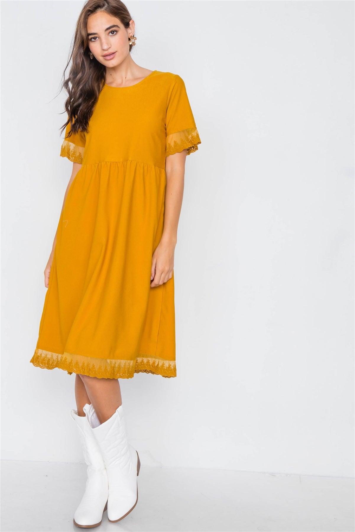 Mustard Relaxed Fit Sheer Lace Trim Midi Dress /2-2-1