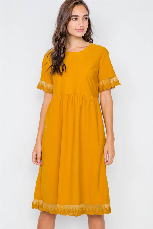 Mustard Relaxed Fit Sheer Lace Trim Midi Dress /3-2-1