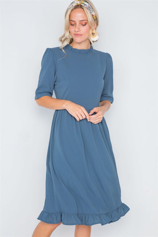 Blue Ruffle-Mock Neck Shirred Solid Dress /2-2-2