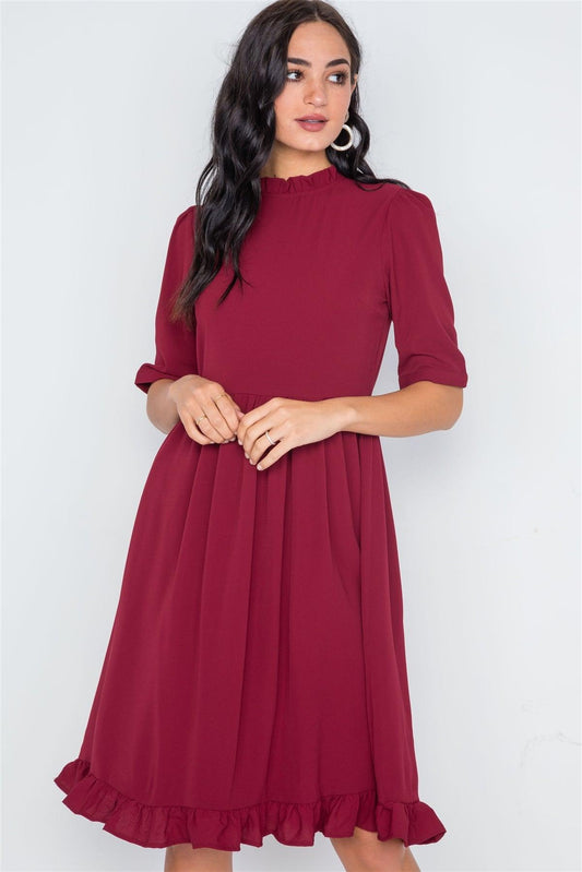 Burgundy Ruffle-Mock Neck Shirred Solid Dress /2-2-2