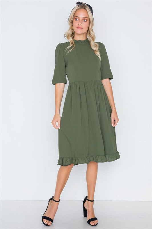 Olive Ruffle-Mock Neck Shirred Solid Dress /1-2-2