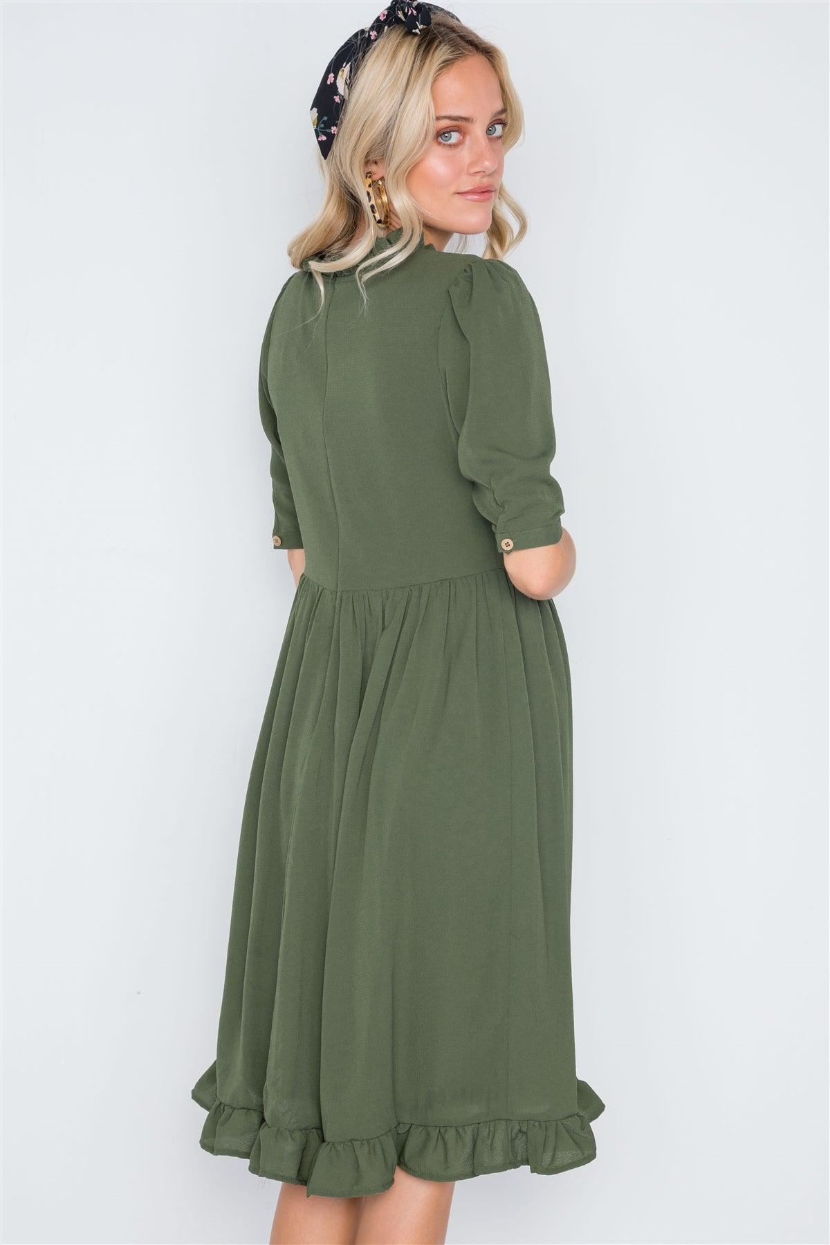 Olive Ruffle-Mock Neck Shirred Solid Dress /1-2-2