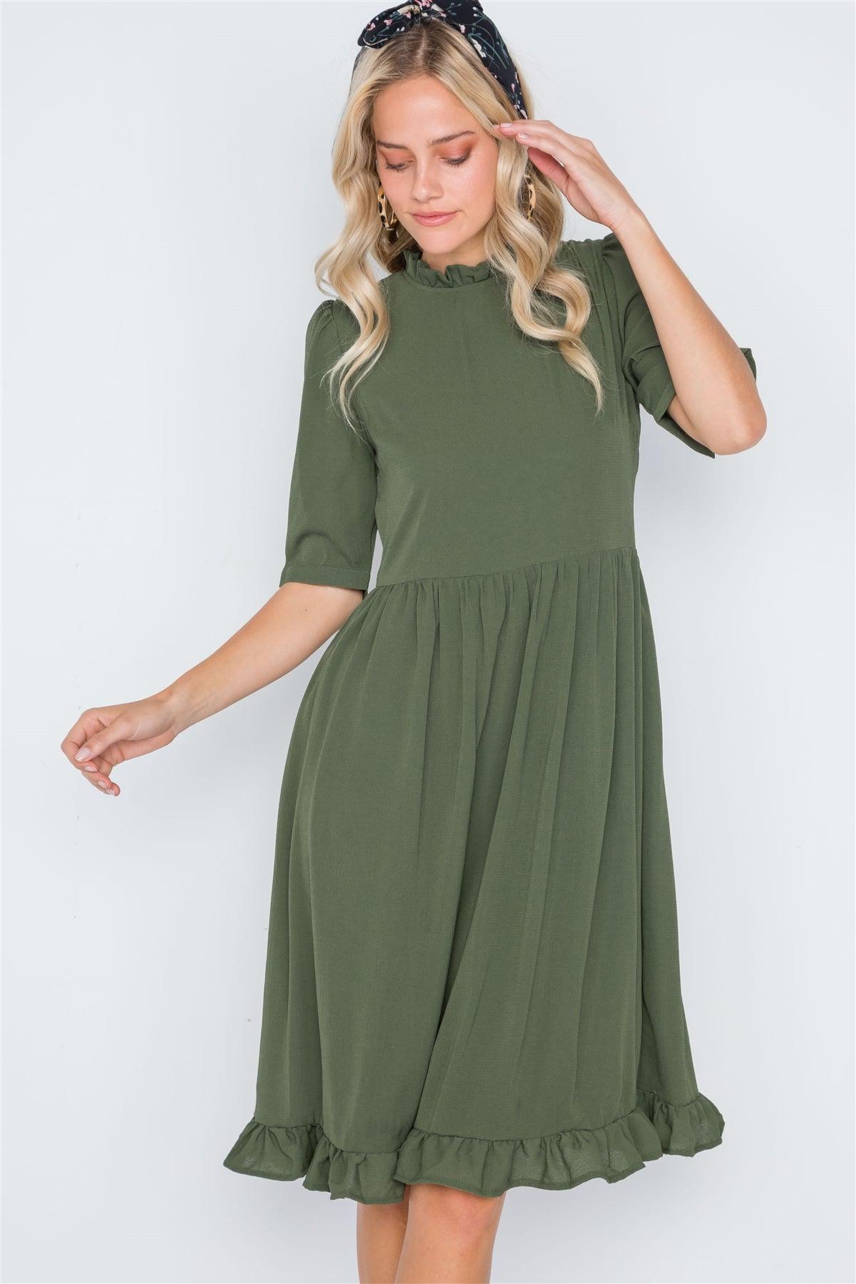 Olive Ruffle-Mock Neck Shirred Solid Dress /1-2-2