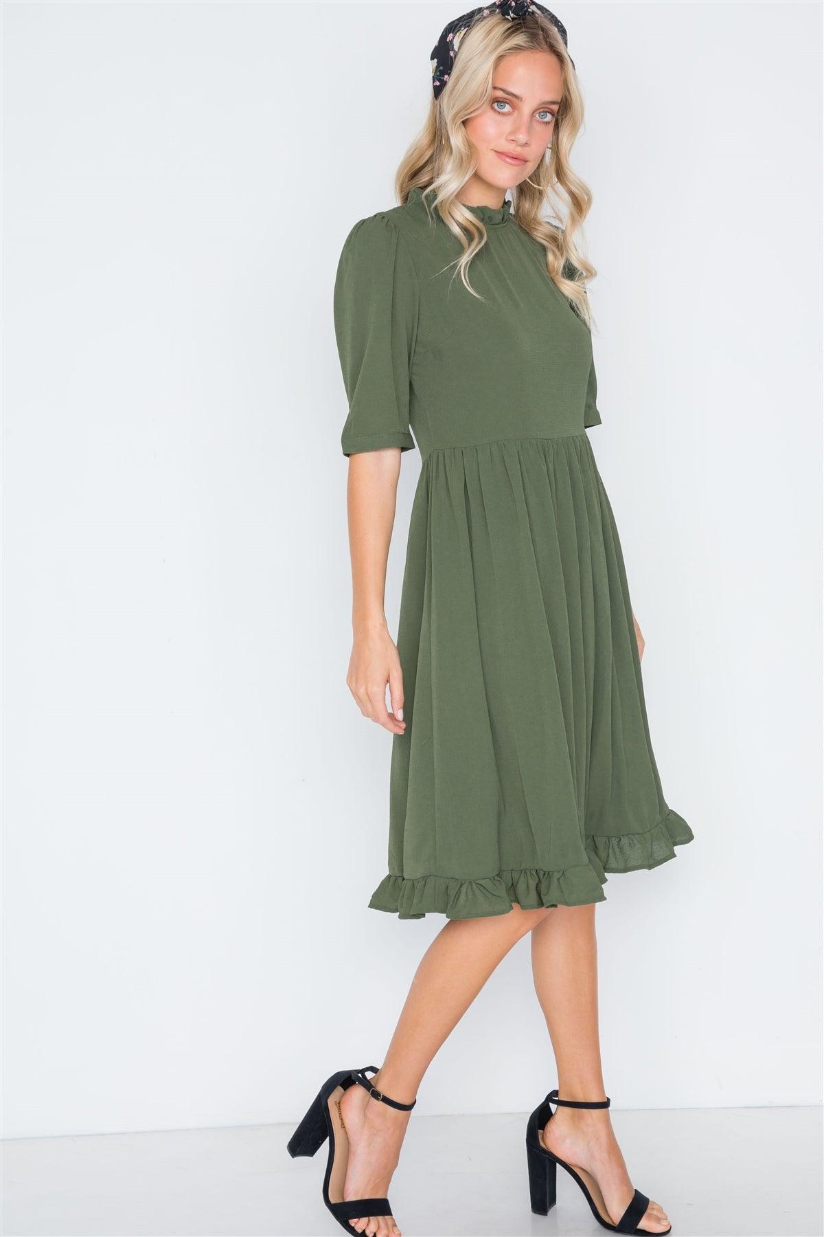 Olive Ruffle-Mock Neck Shirred Solid Dress /1-2-2