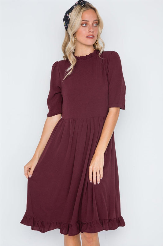 Dark Wine Ruffle-Mock Neck Shirred Solid Dress /2-2-2