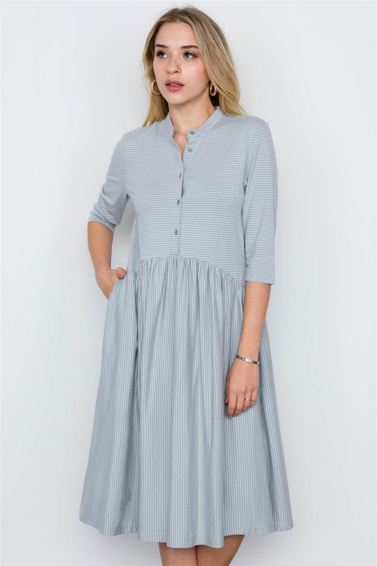 Blue Striped 3/4 Sleeves Midi Boho Dress /3-2-1