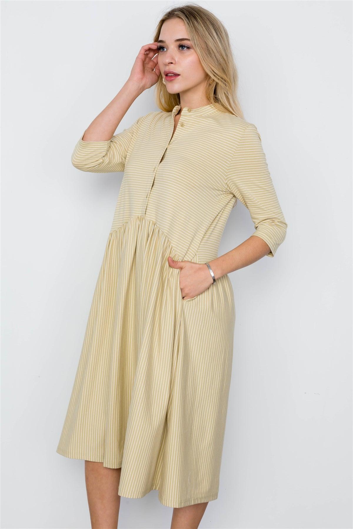 Tea Leaf Striped 3/4 Sleeves Midi Boho Dress / 3-1-1