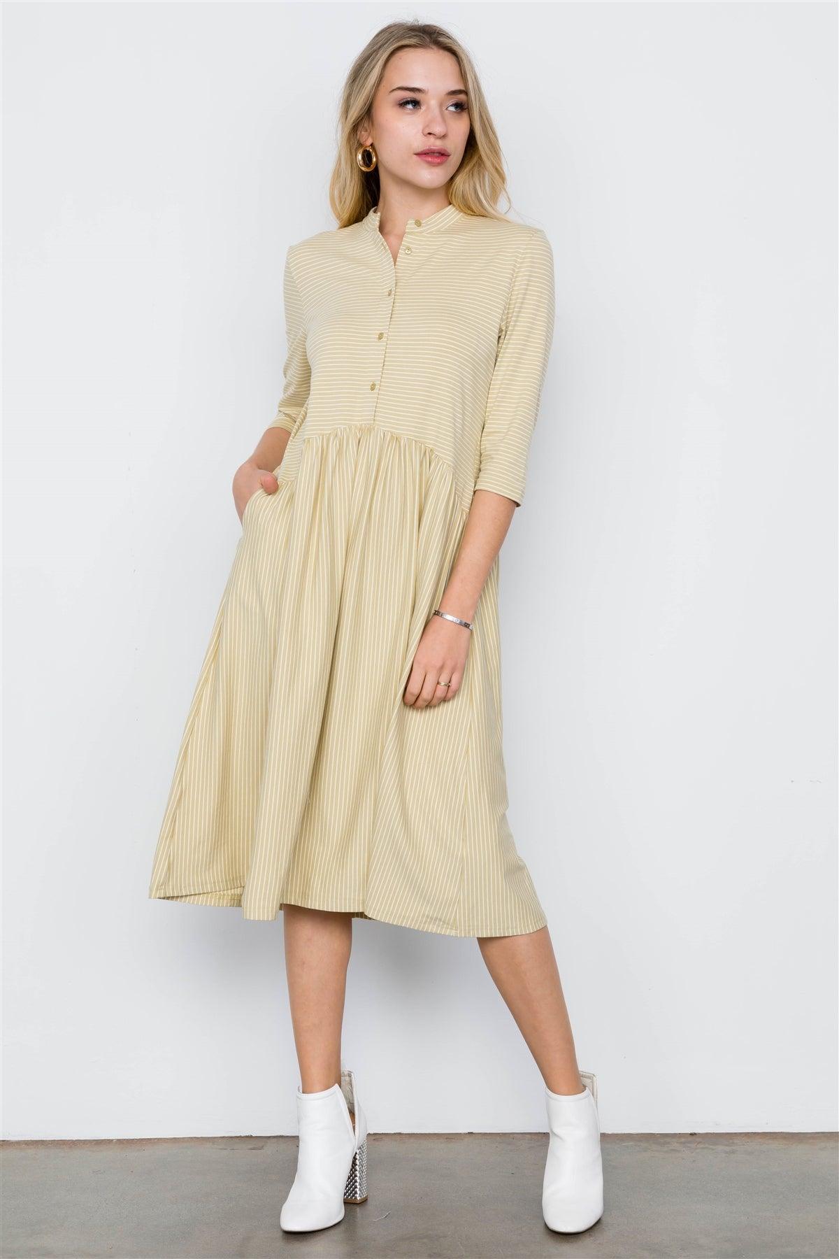 Tea Leaf Striped 3/4 Sleeves Midi Boho Dress / 3-1-1