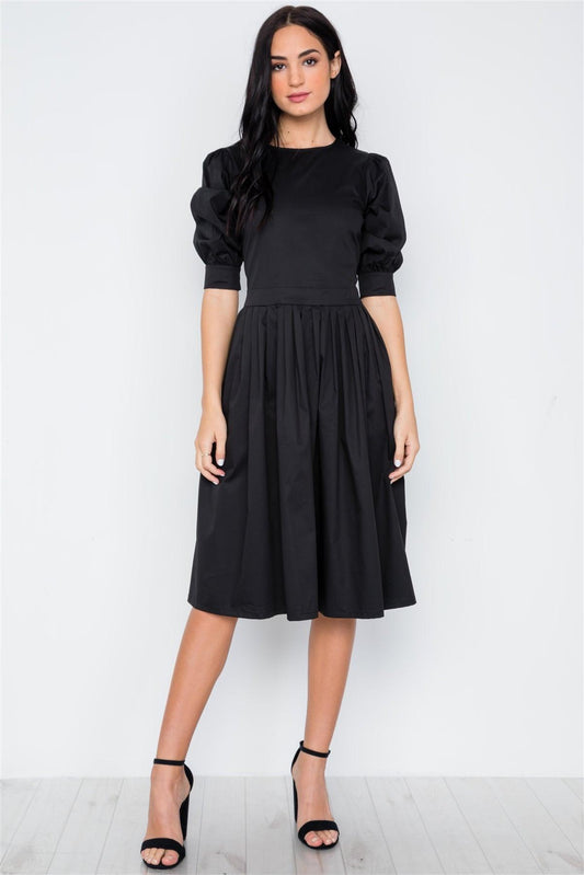 Black Solid Shirred Waist Boho Midi Dress / 1-2-1