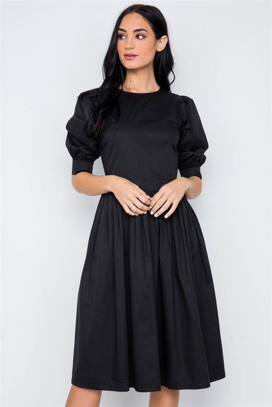 Black Solid Shirred Waist Boho Midi Dress / 2-2-2