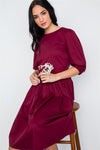 Burgundy Solid Shirred Waist Boho Midi Dress / 2-2-2