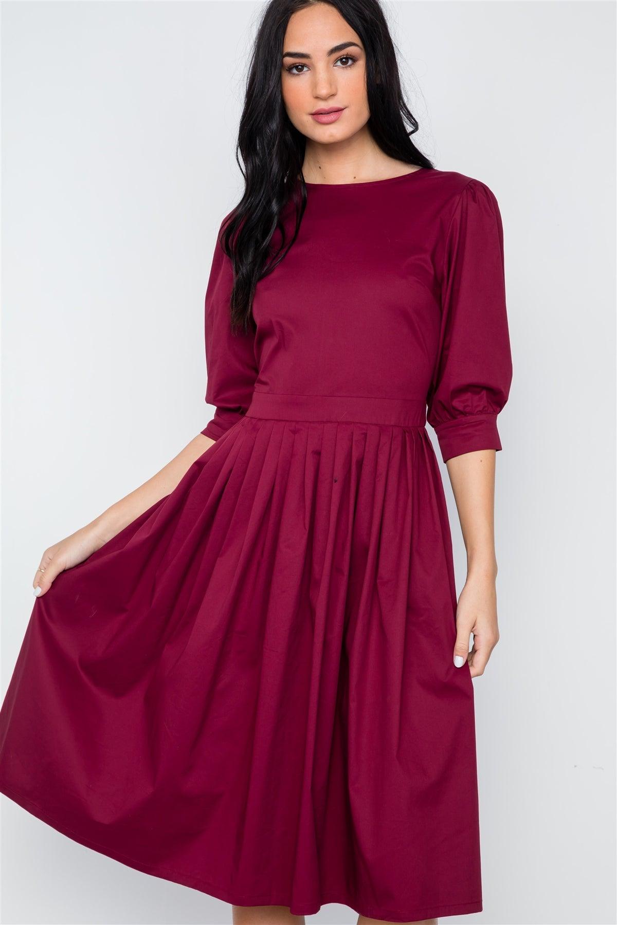 Burgundy Solid Shirred Waist Boho Midi Dress / 2-2-2