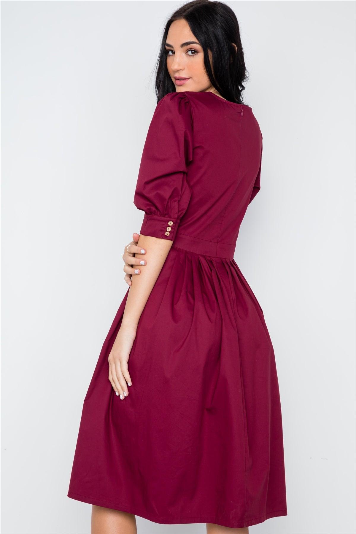 Burgundy Solid Shirred Waist Boho Midi Dress / 2-2-2