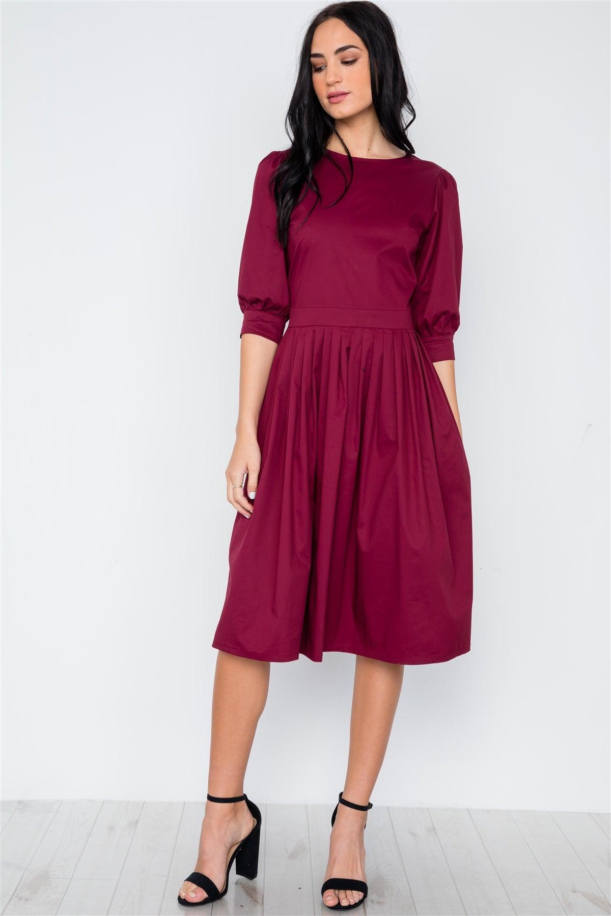 Burgundy Solid Shirred Waist Boho Midi Dress / 2-2-2