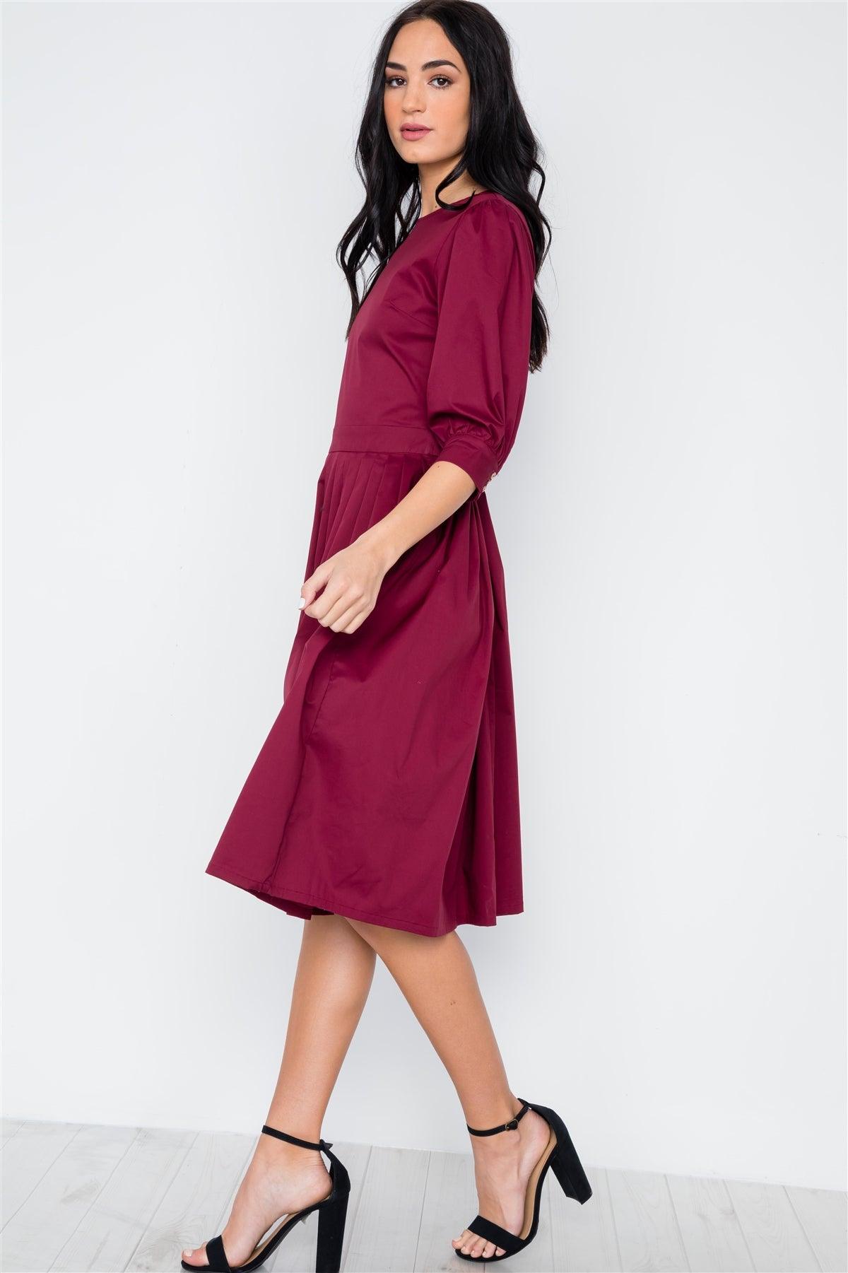 Burgundy Solid Shirred Waist Boho Midi Dress / 2-2-2