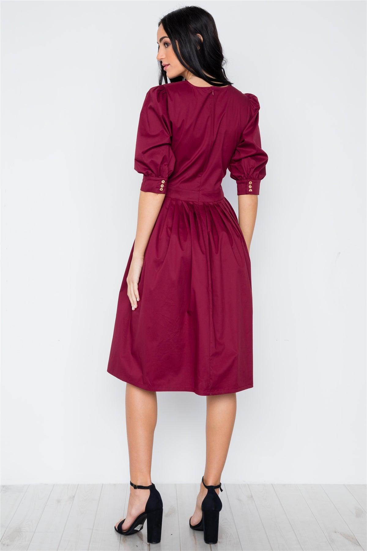 Burgundy Solid Shirred Waist Boho Midi Dress / 2-2-2