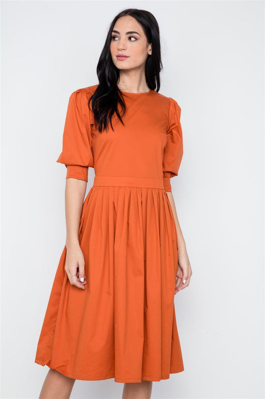 Rust Solid Shirred Waist Boho Midi Dress / 2-2-2