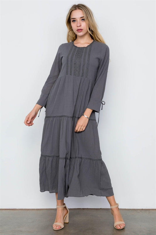 Charcoal Long Sleeve Maxi Boho Cotton Dress / 2-2-2