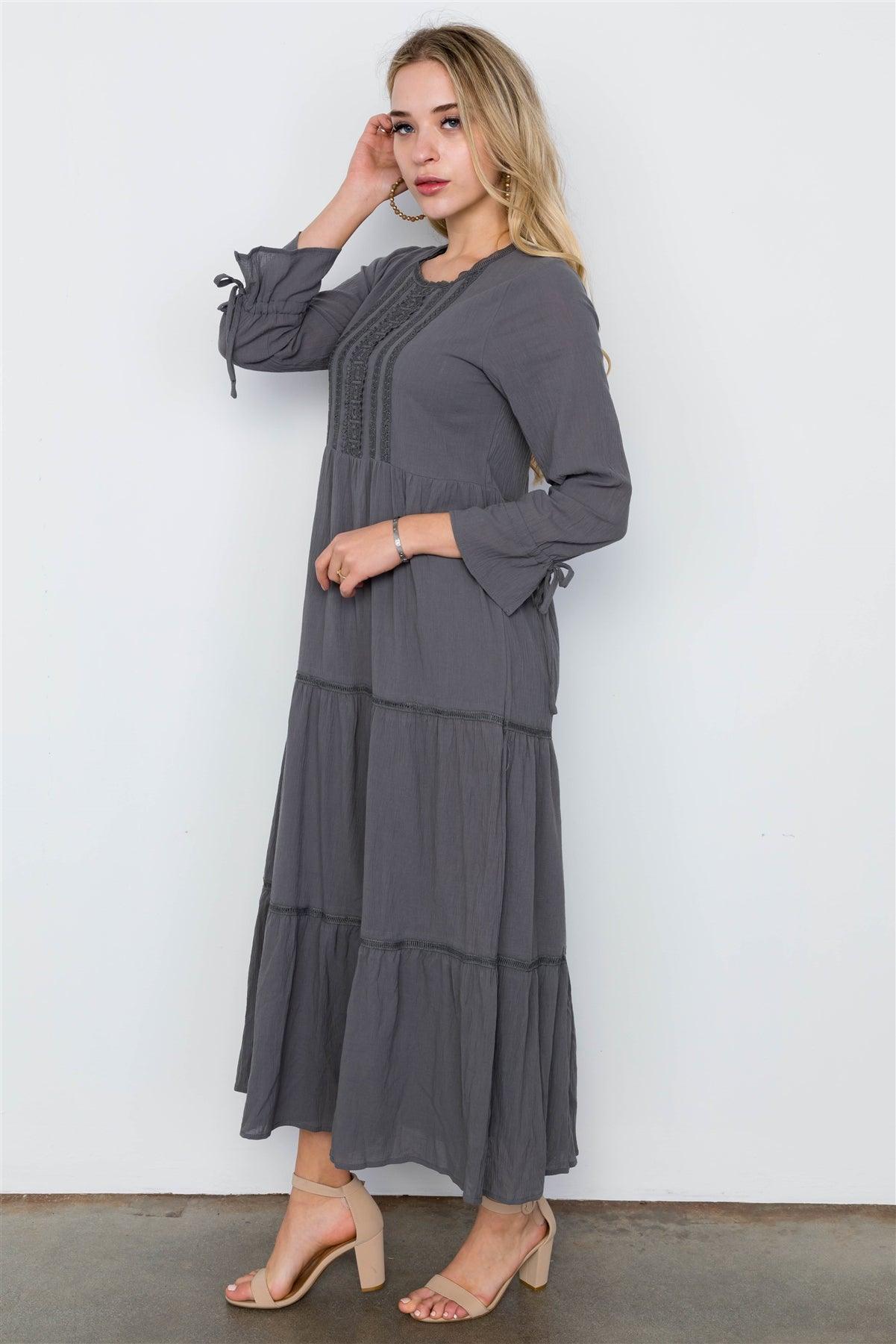 Charcoal Long Sleeve Maxi Boho Cotton Dress / 2-2-2