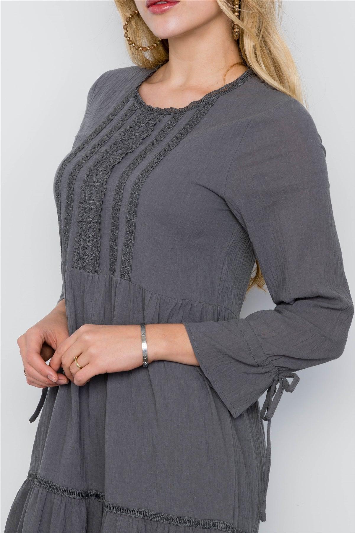 Charcoal Long Sleeve Maxi Boho Cotton Dress / 2-2-2