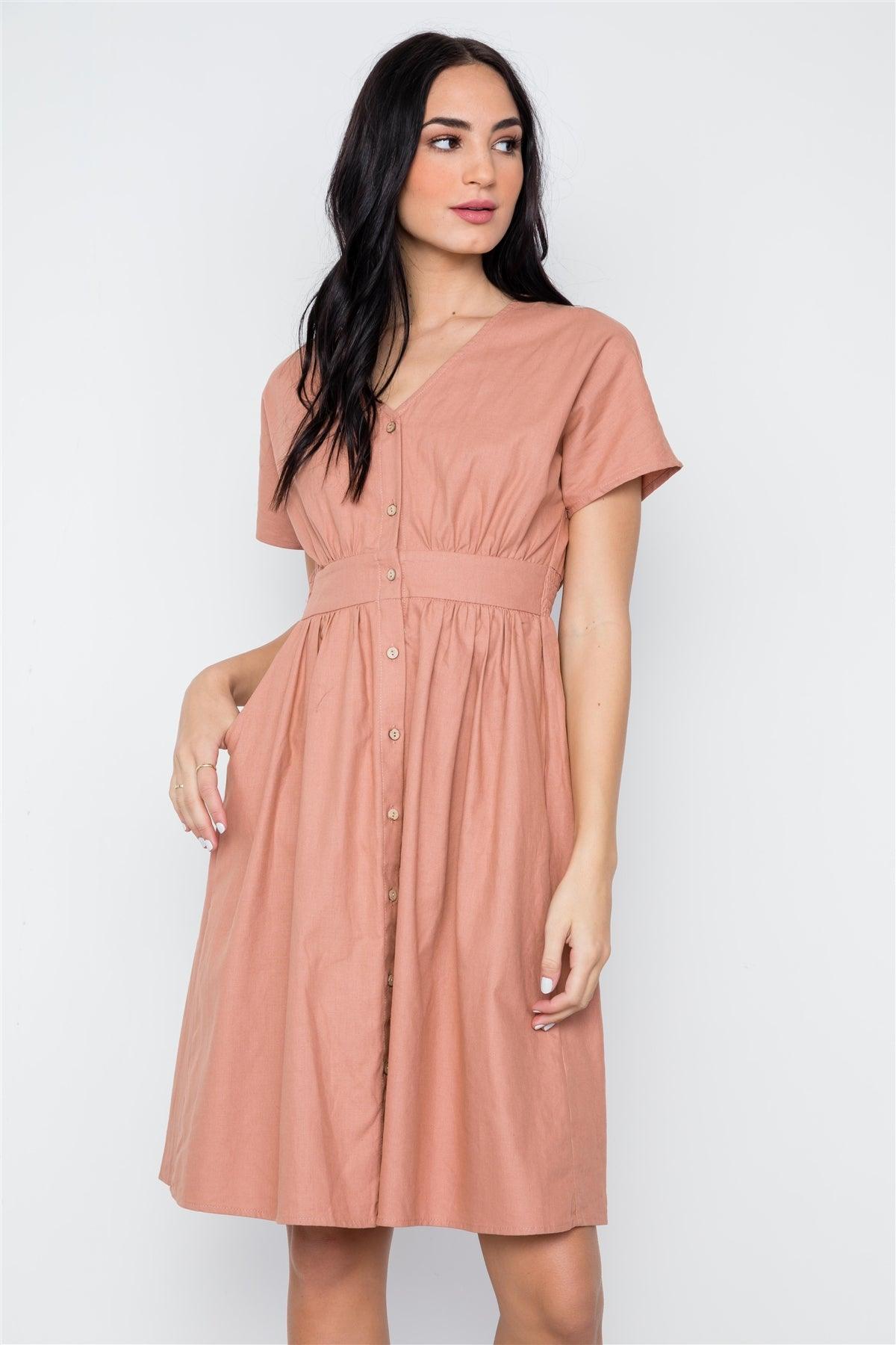 so  Mauve Button Down Solid Boho Midi Dress /2-2-2