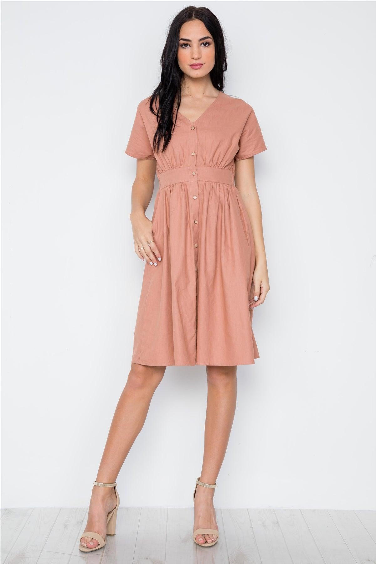 so  Mauve Button Down Solid Boho Midi Dress /2-2-2