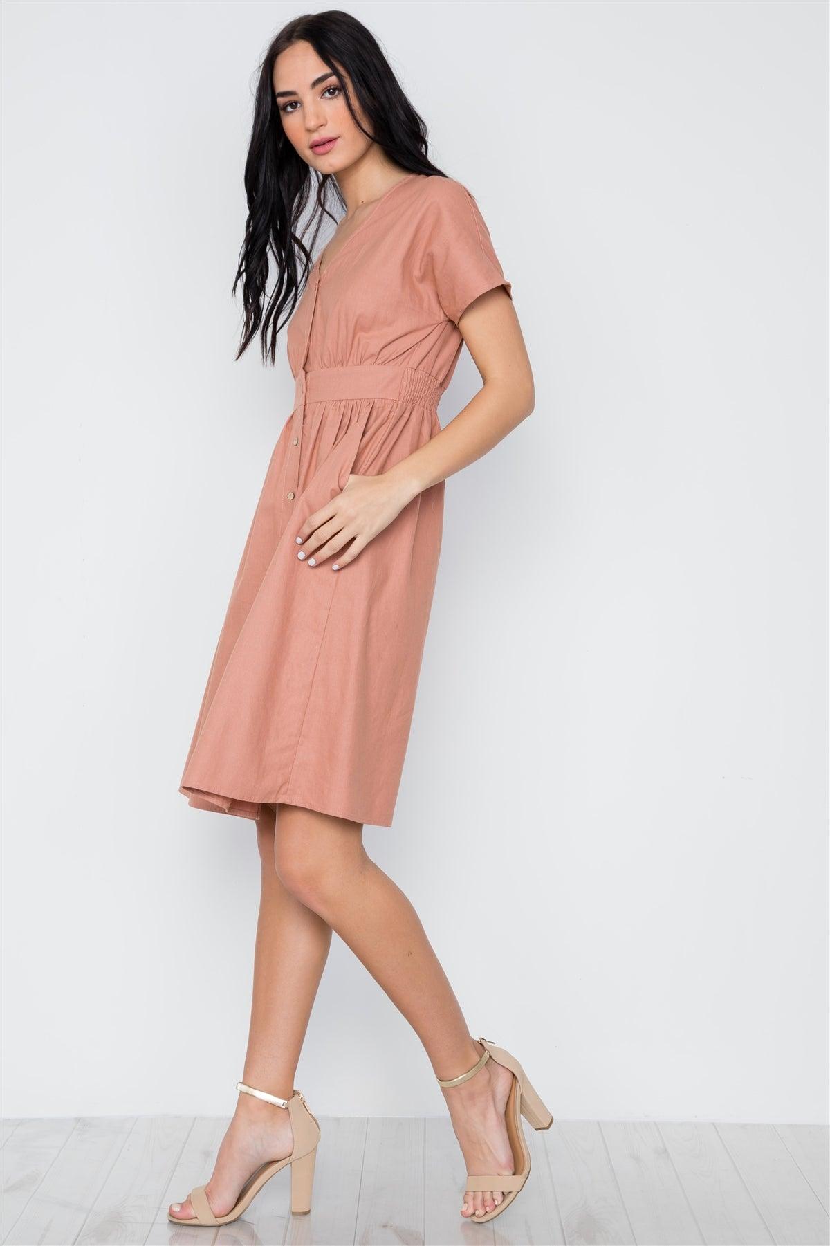 so  Mauve Button Down Solid Boho Midi Dress /2-2-2