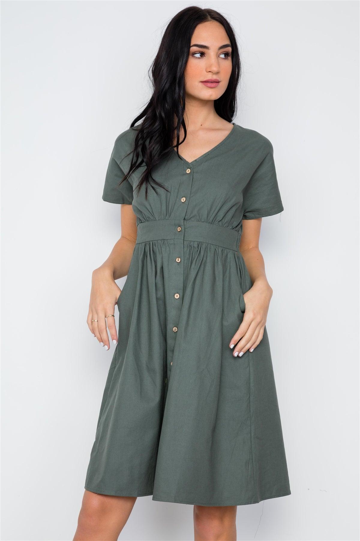 so Olive Button Down Solid Boho Midi Dress /2-2-2