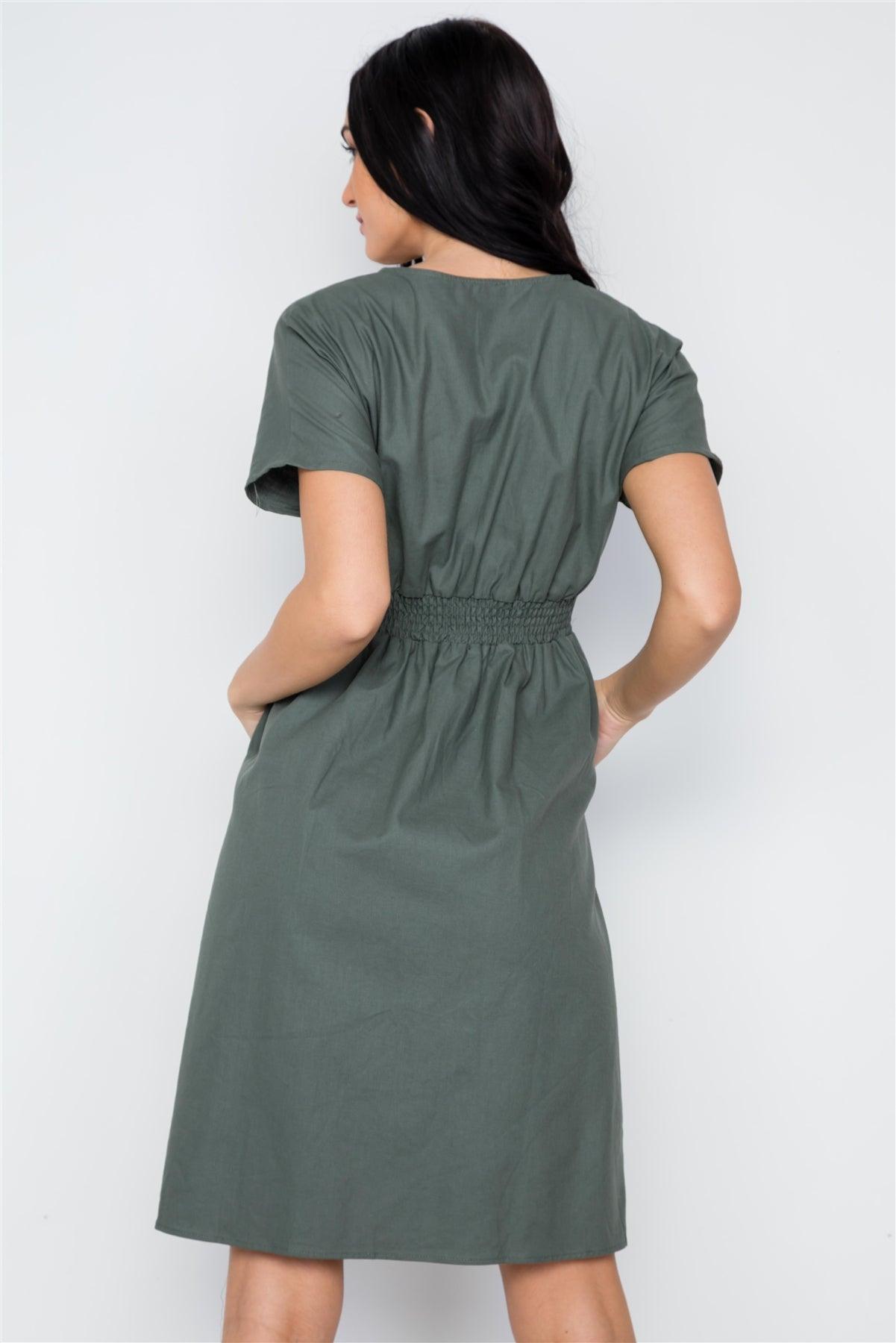 so Olive Button Down Solid Boho Midi Dress /2-2-2