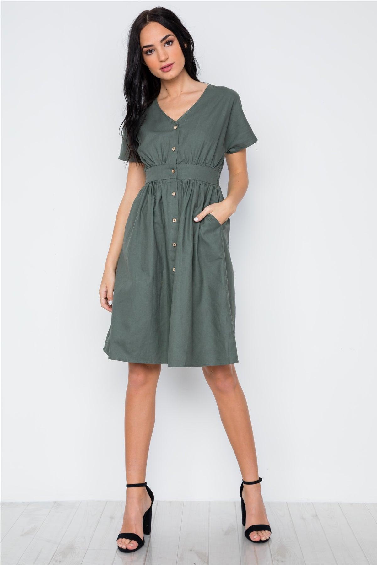 so Olive Button Down Solid Boho Midi Dress /2-2-2