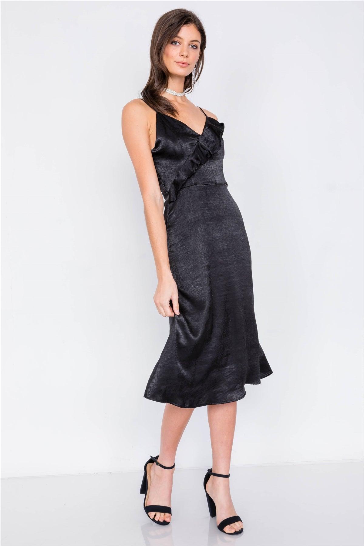 Black Satin Flounce Trim V-Neck A-Line Midi Chic Dress /2-2-2