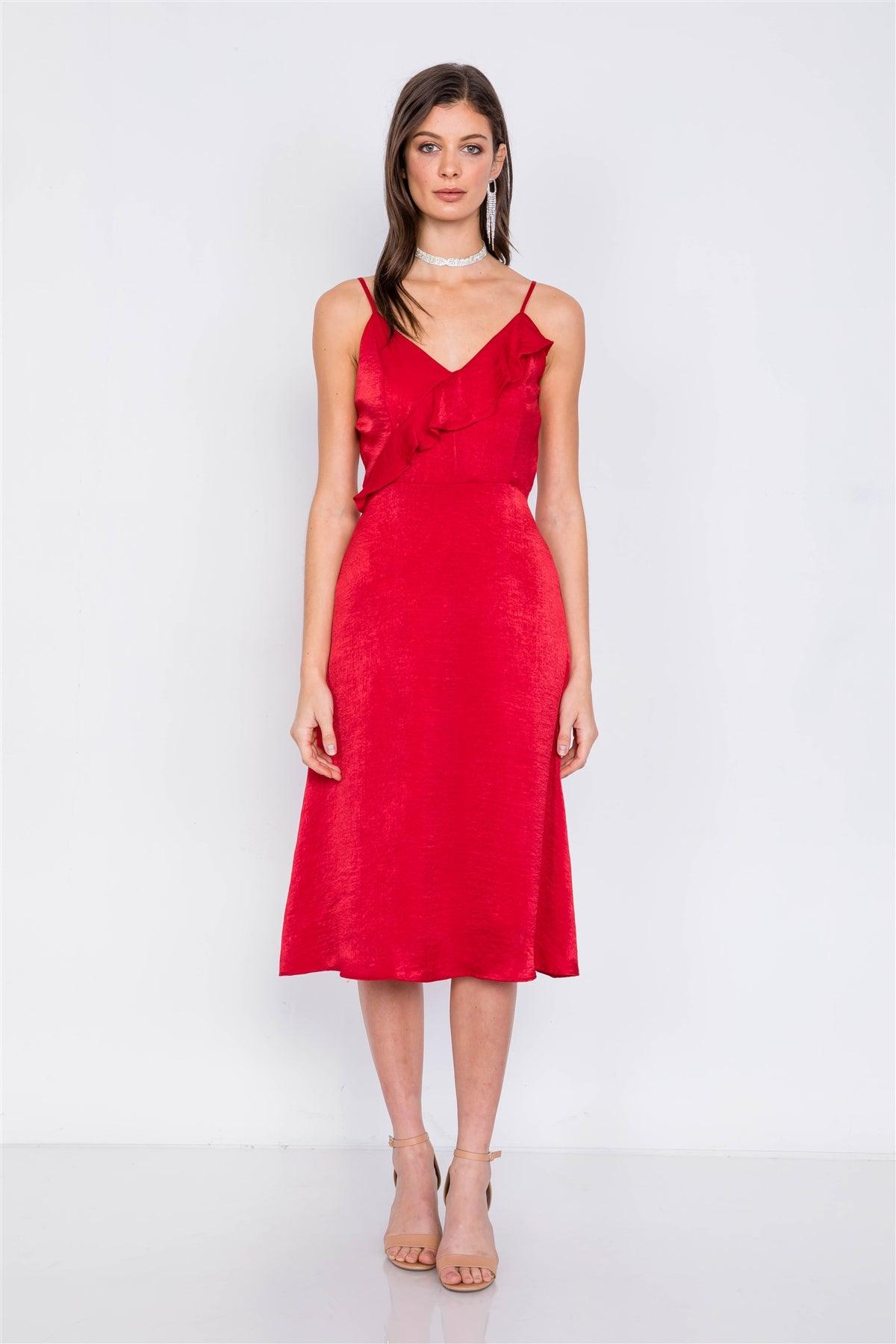 Red Satin Flounce Trim V-Neck A-Line Midi Chic Dress /2-2-2