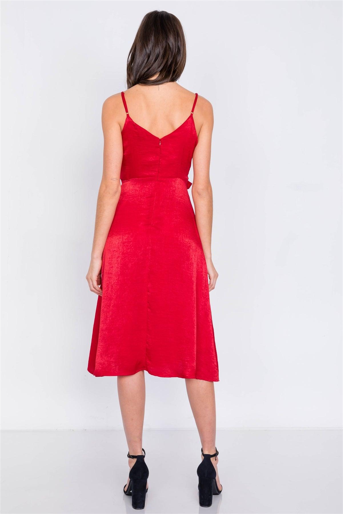 Red Satin Flounce Trim V-Neck A-Line Midi Chic Dress /2-2-2