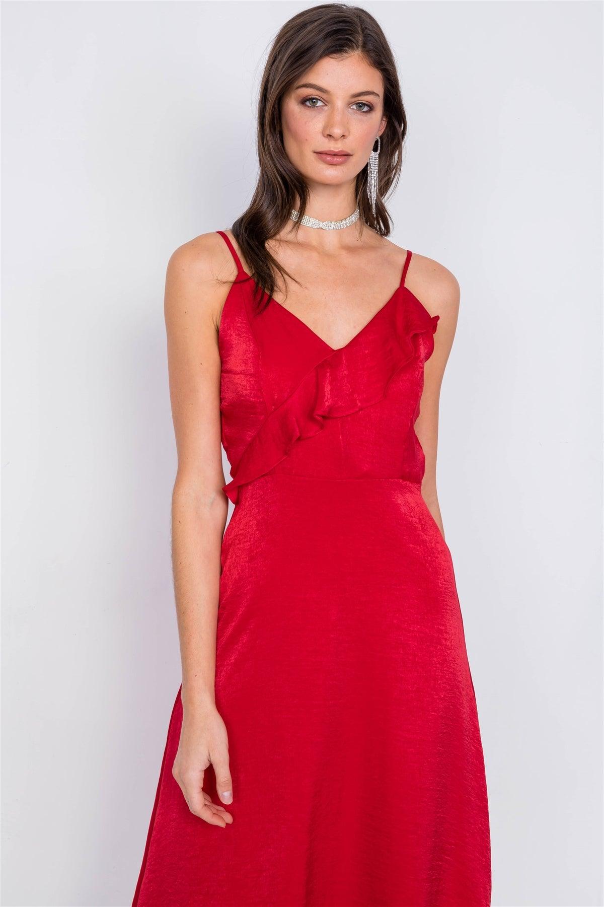 Red Satin Flounce Trim V-Neck A-Line Midi Chic Dress /2-2-2