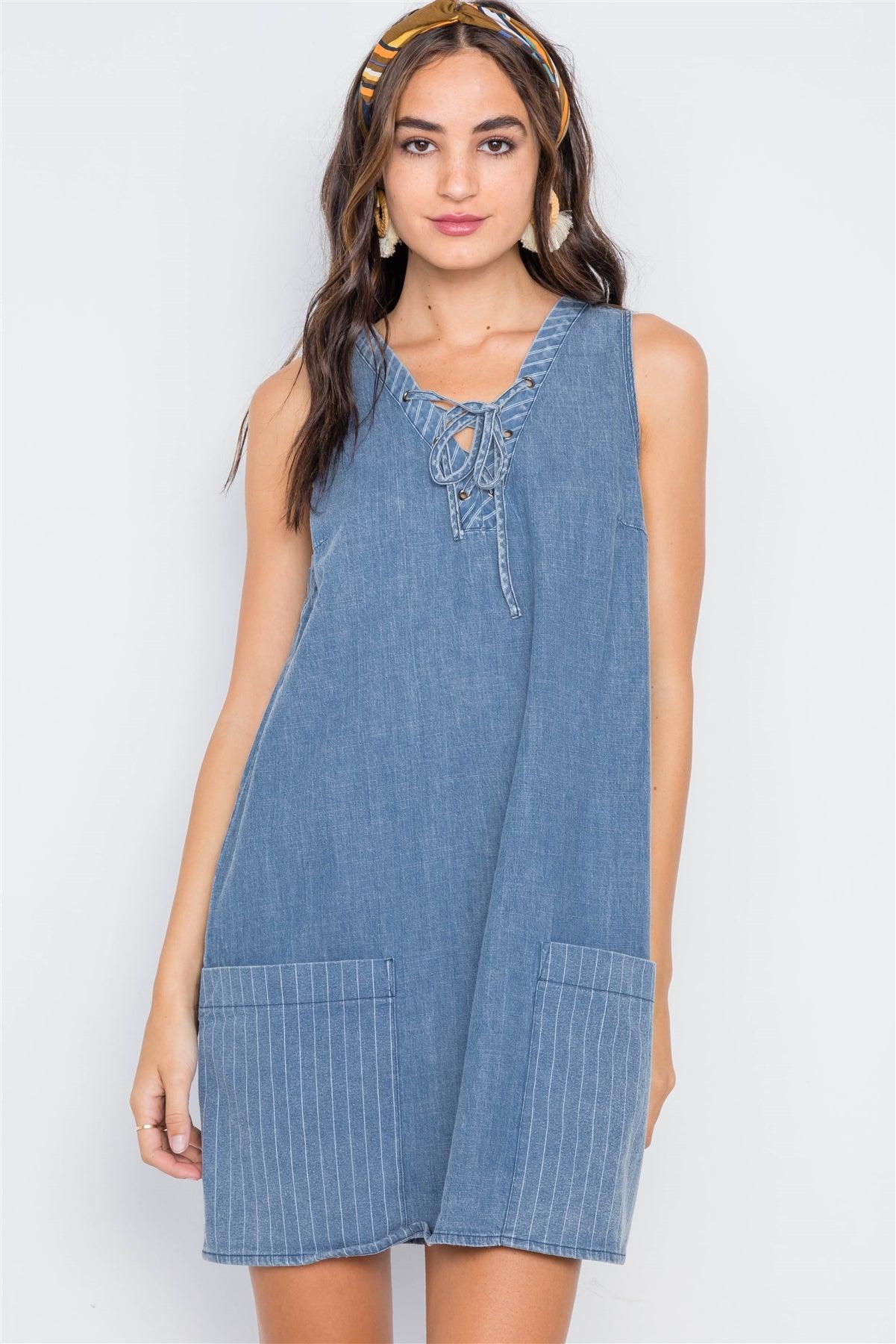 Denim Lace-Up Sleeveless A-Line Dress /2-2-2