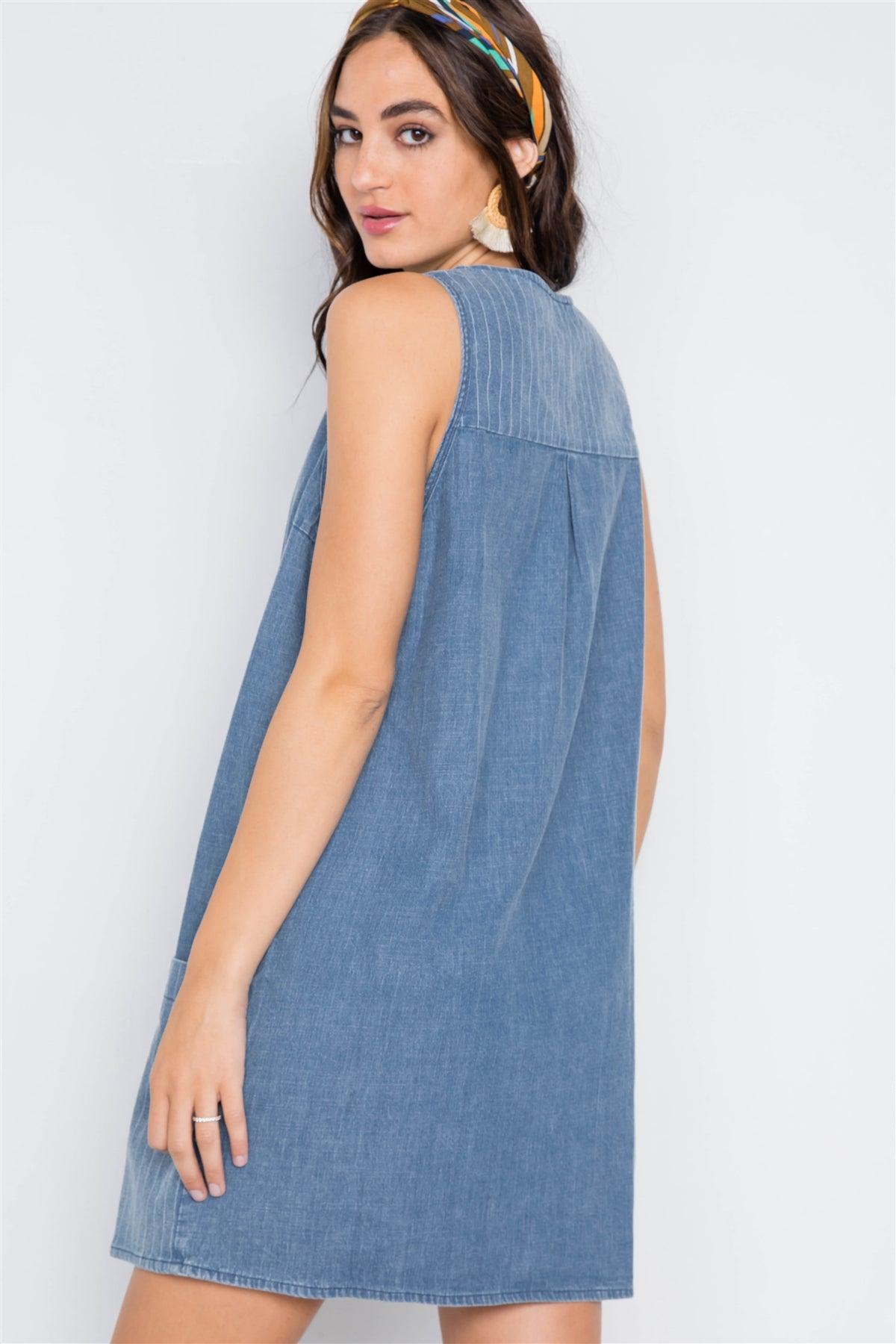 Denim Lace-Up Sleeveless A-Line Dress /2-2-2