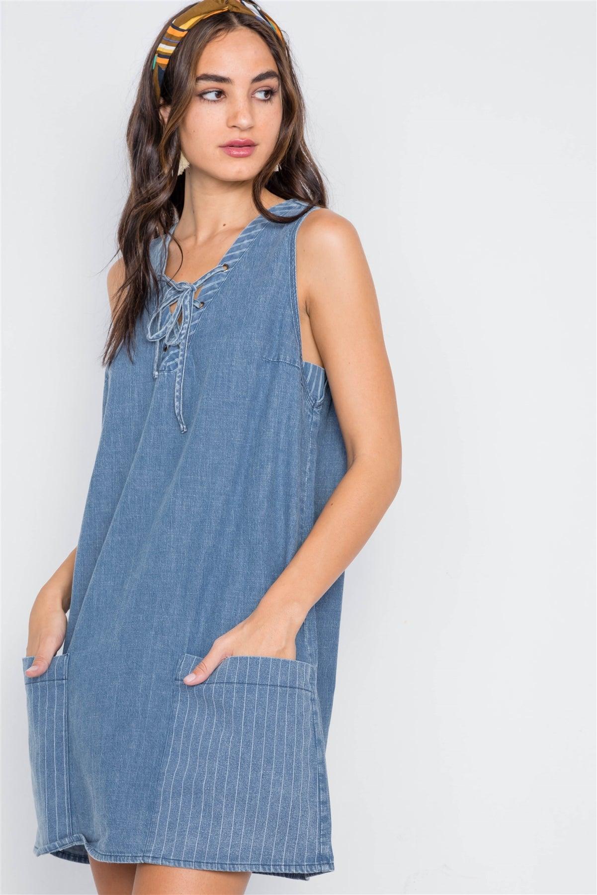 Denim Lace-Up Sleeveless A-Line Dress /2-2-2