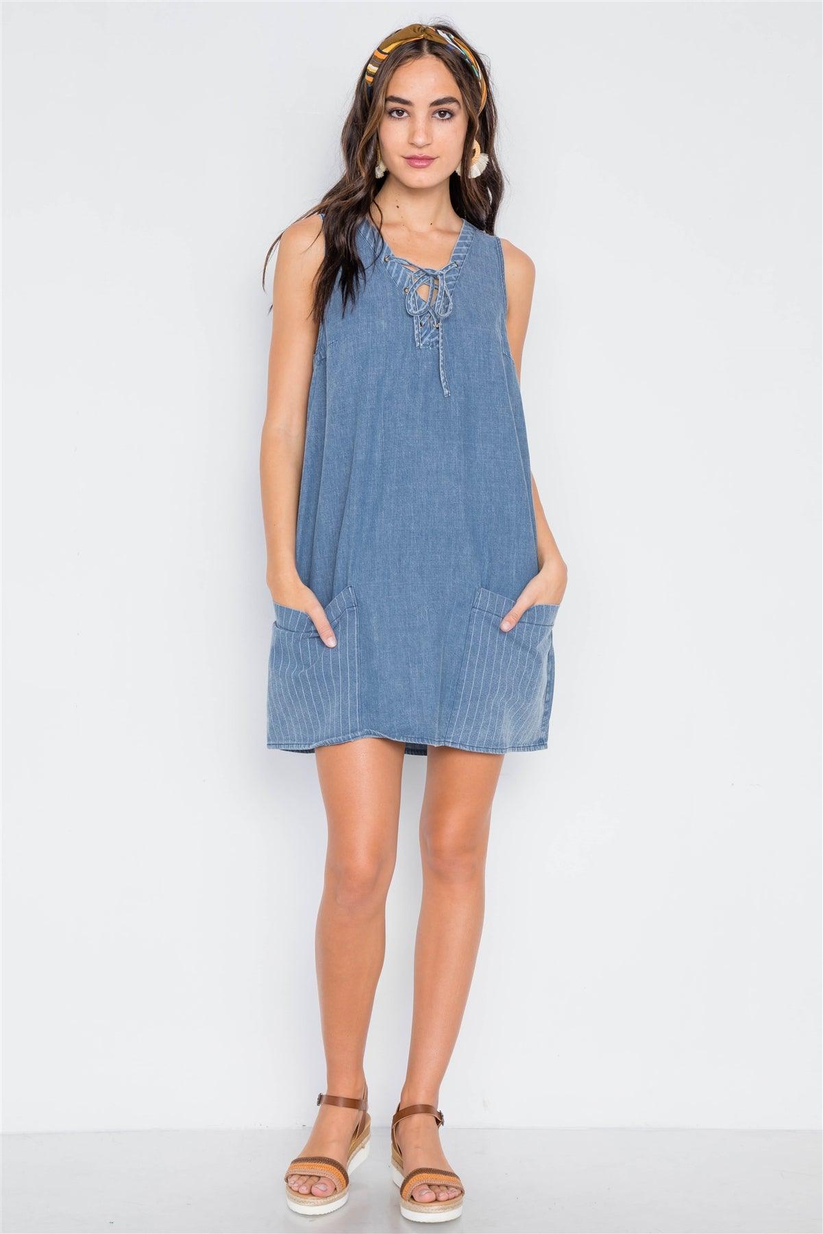 Denim Lace-Up Sleeveless A-Line Dress /2-2-2