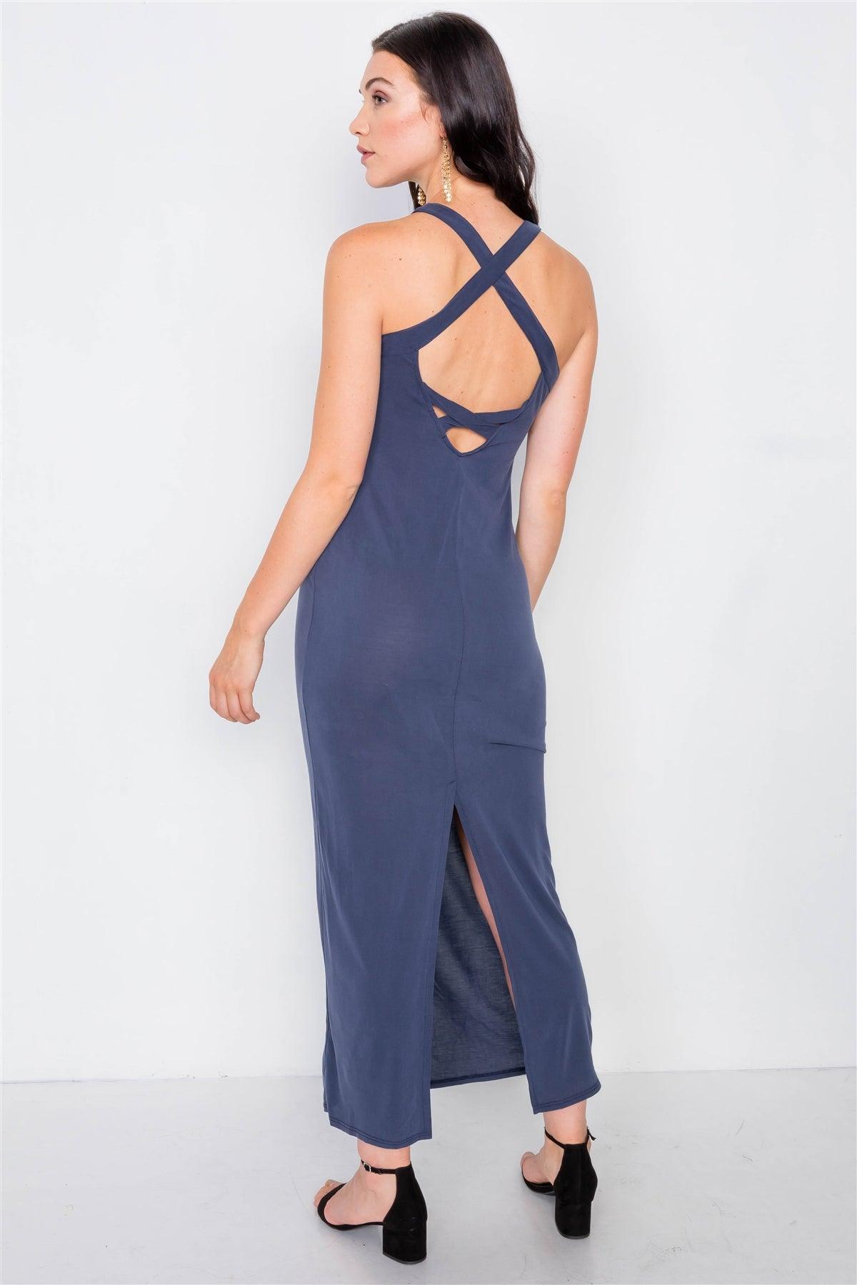 Navy Cross Back Solid Casual Maxi Dress /1-2-1