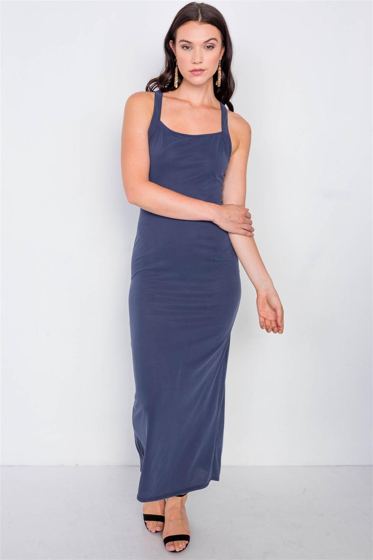 Navy Cross Back Solid Casual Maxi Dress /1-2-1