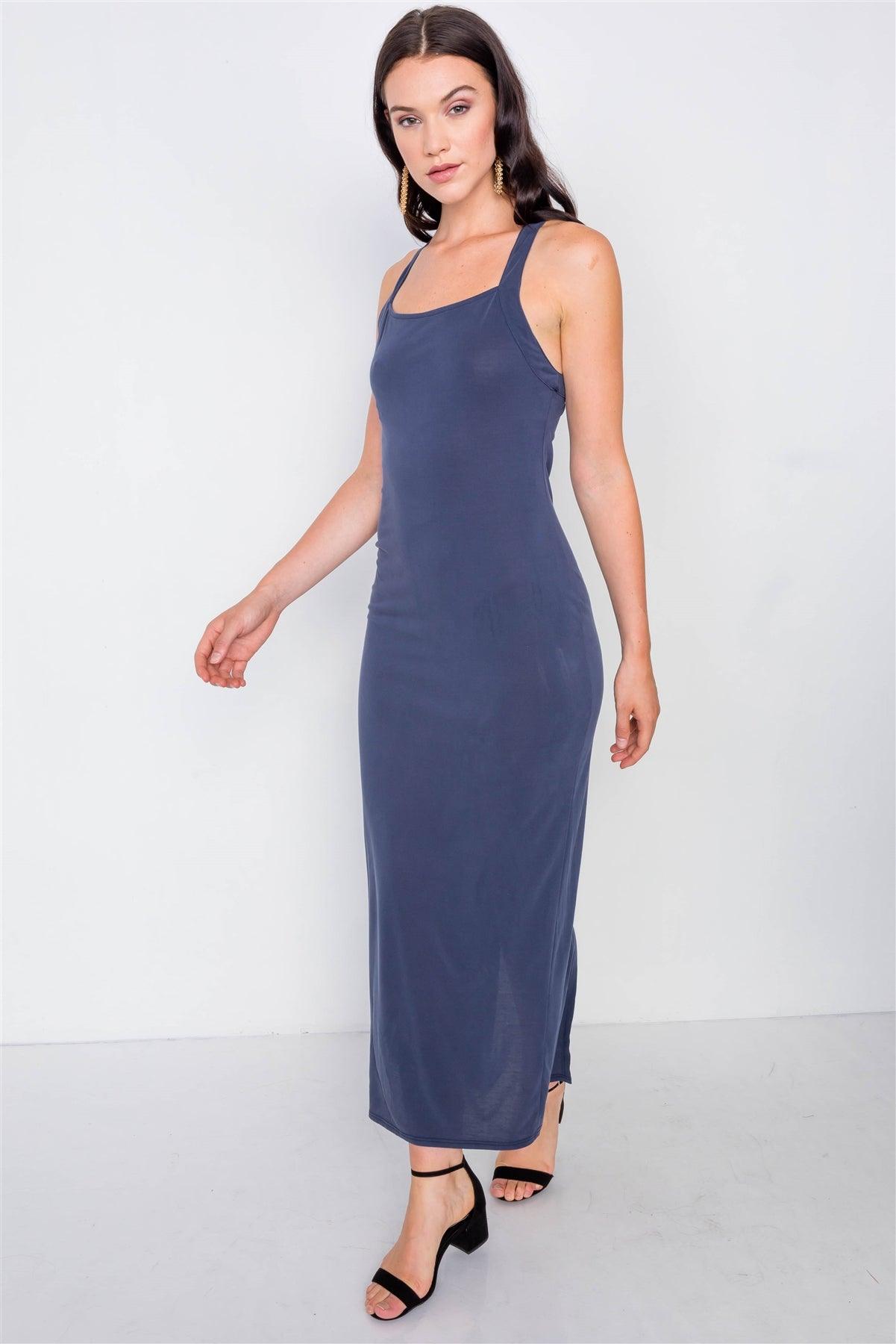 Navy Cross Back Solid Casual Maxi Dress /1-2-1