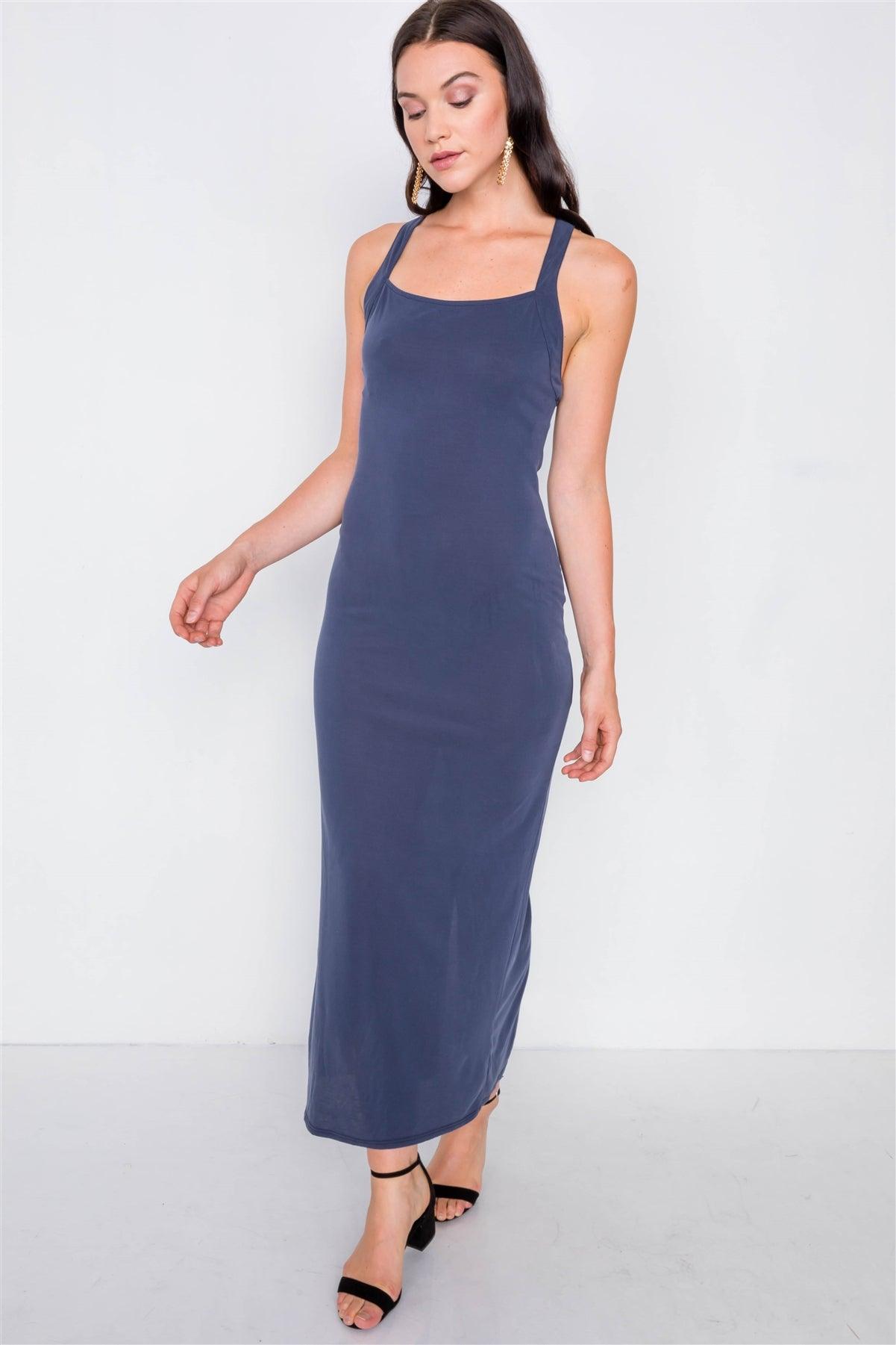 Navy Cross Back Solid Casual Maxi Dress /2-2-2