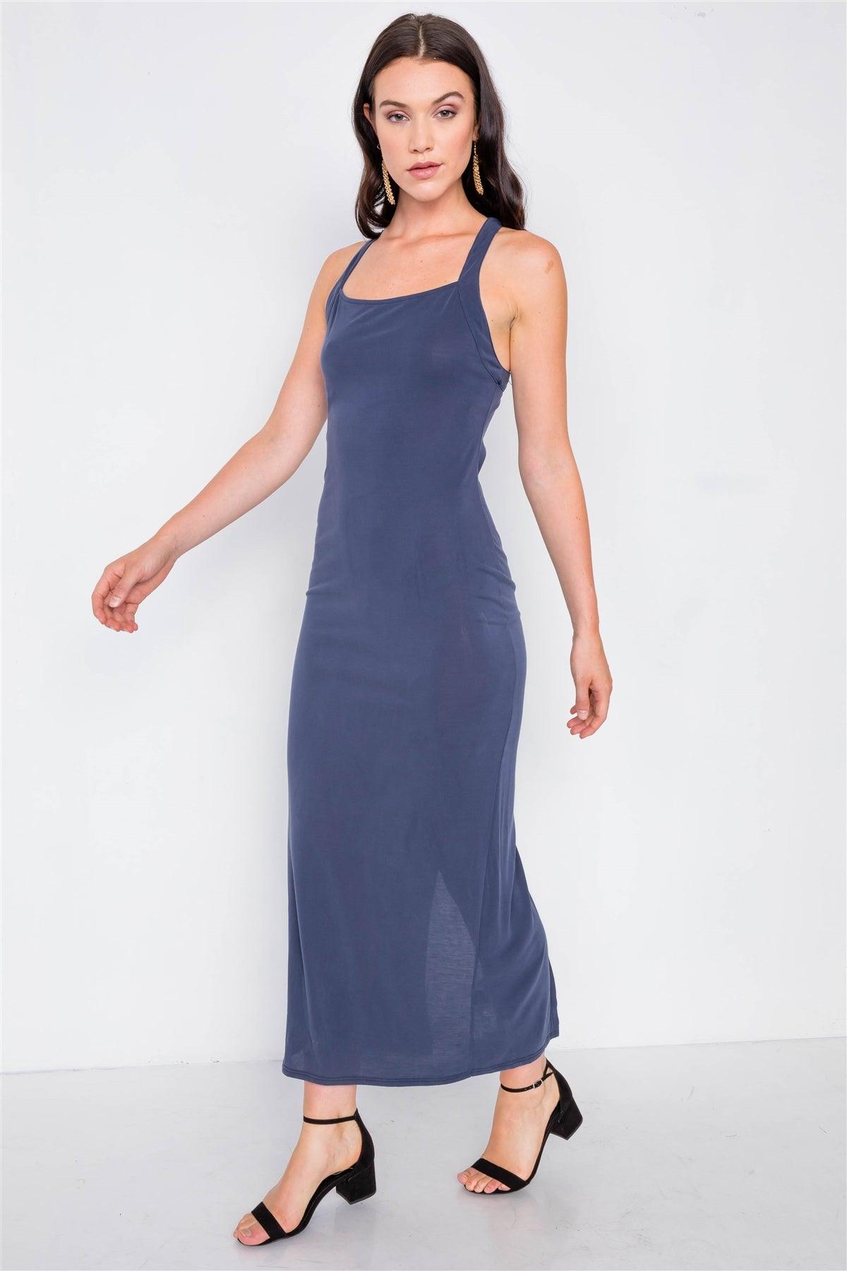 Navy Cross Back Solid Casual Maxi Dress /2-2-2